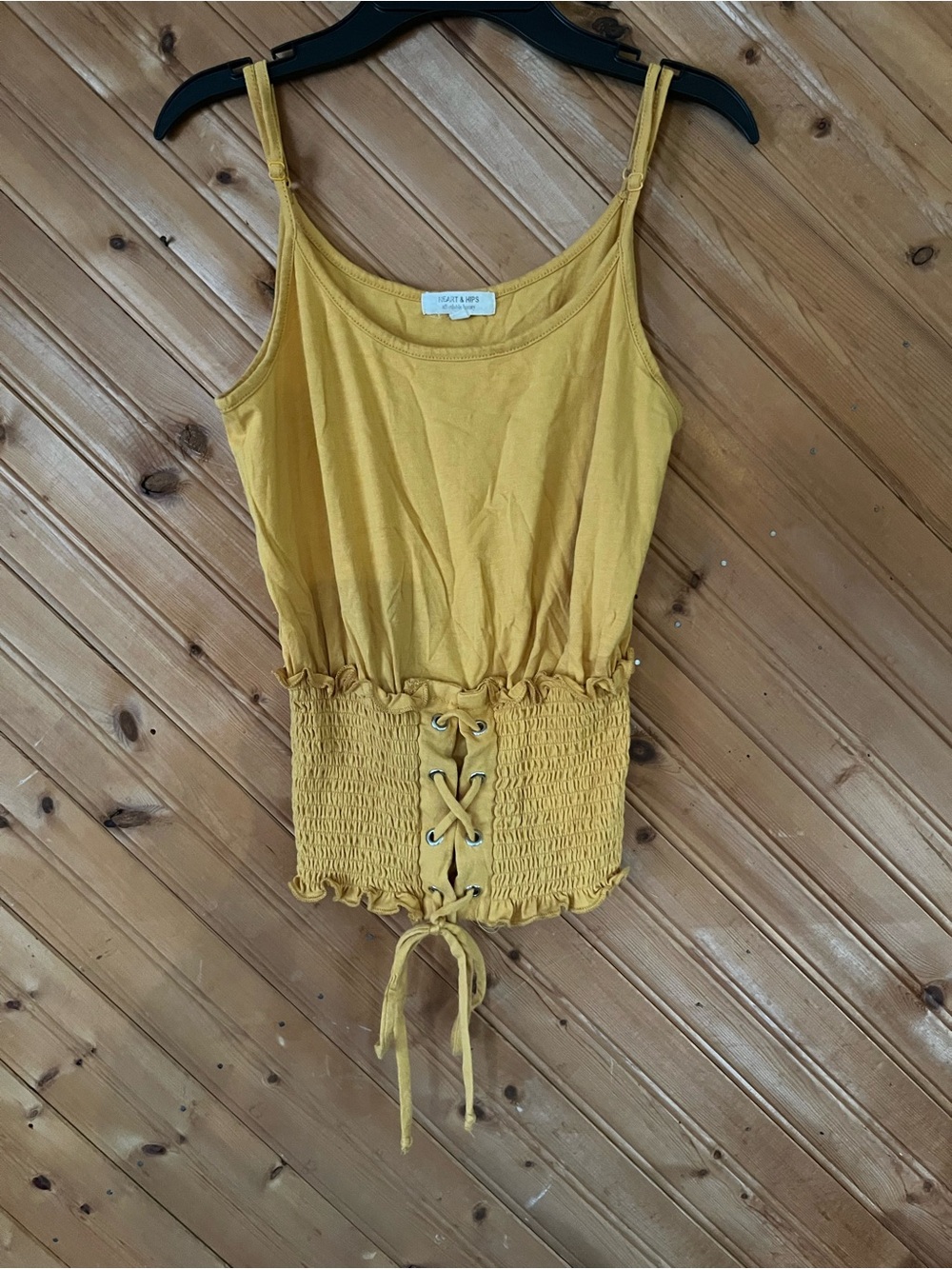 Heart & Hips Mustard Yellow Smocked Lace-Up Tank Top